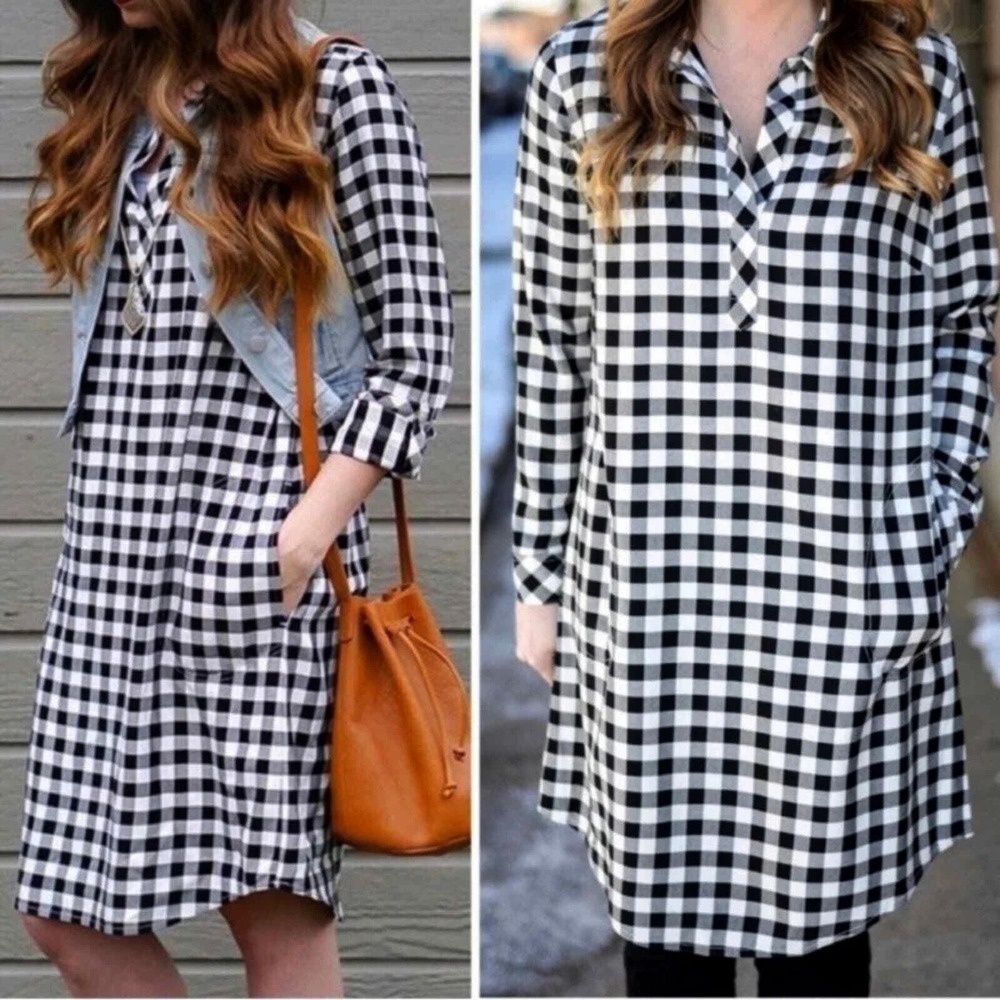 J.Jill Buffalo Check Roll Tab Sleeve Midi Rayon Shirt Dress Tunic Pockets Medium